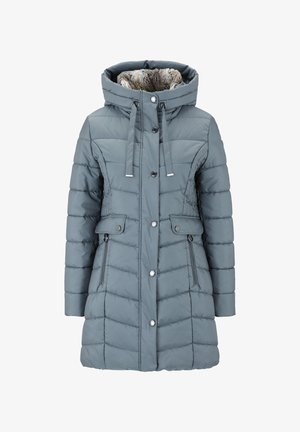 Grauer wattierter Wintermantel mit Kunstpelzkragen, Reißverschluss- und Knopfverschluss sowie seitlichen Taschen. Horizontal und diagonal gesteppte Muster.