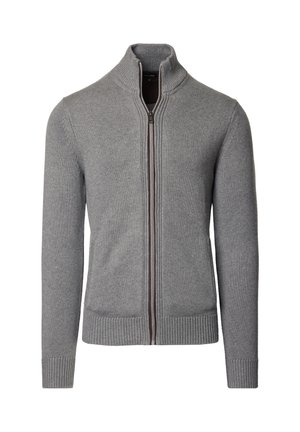 Szary sweter na zamek z wysokim kołnierzem, z prążkowanymi mankietami i dolnym brzegiem, wykonany z materiału dzianinowego, z kontrastowym brązowym zamkiem.