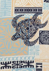 Schwarz-beige gemusterte Schildkröte mit Spiralen und geometrischen Formen vor einem Hintergrund aus blauen und beigen Stammesmotiven und Symbolen.