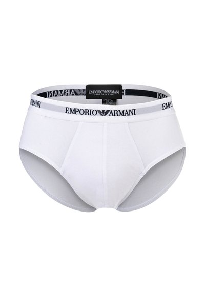 Άσπρα ανδρικά εσώρουχα τύπου briefs με μαύρη ελαστική μέση με το λογότυπο "EMPORIO ARMANI" και ετικέτα λογότυπου στο εσωτερικό πίσω μέρος.