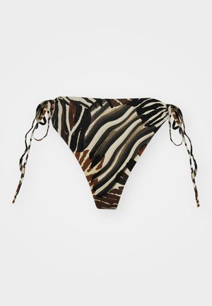 Ribbed bikini bottom featuring a multicolored animal print design in shades of brown, beige, and black with adjustable side ties.