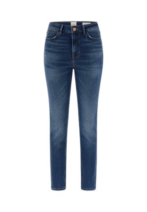 Donkerblauwe slim-fit damesjeans met knoop aan de voorkant, zakken en subtiele vervaging op de dijen en knieën.