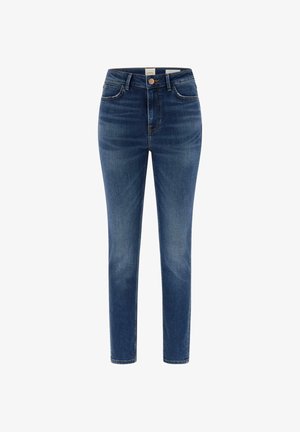 Donkerblauwe slim-fit damesjeans met knoop aan de voorkant, zakken en subtiele vervaging op de dijen en knieën.
