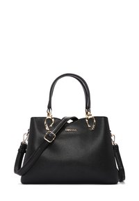 Borsa nera texturizzata con doppi manici, tracolla staccabile e dettagli in metallo dorato. Presenta una forma strutturata e un marchio.