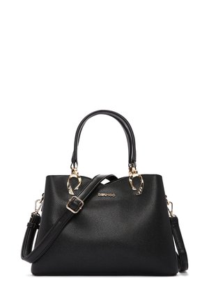 Borsa nera texturizzata con doppi manici, tracolla staccabile e dettagli in metallo dorato. Presenta una forma strutturata e un marchio.