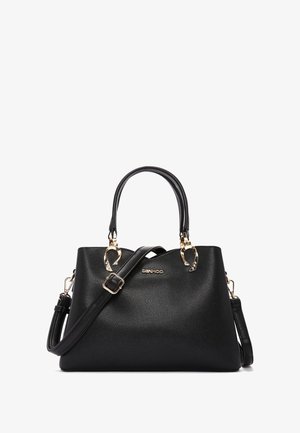 Sac à main noir texturé avec poignées doubles, bandoulière détachable et accents en métal doré. Il présente une forme structurée et un logo.