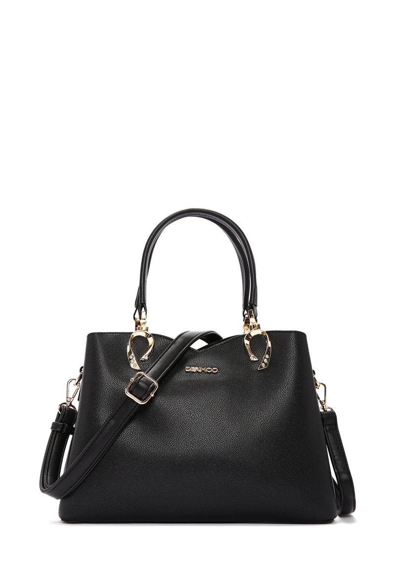 Borsa nera texturizzata con doppi manici, tracolla staccabile e dettagli in metallo dorato. Presenta una forma strutturata e un marchio.