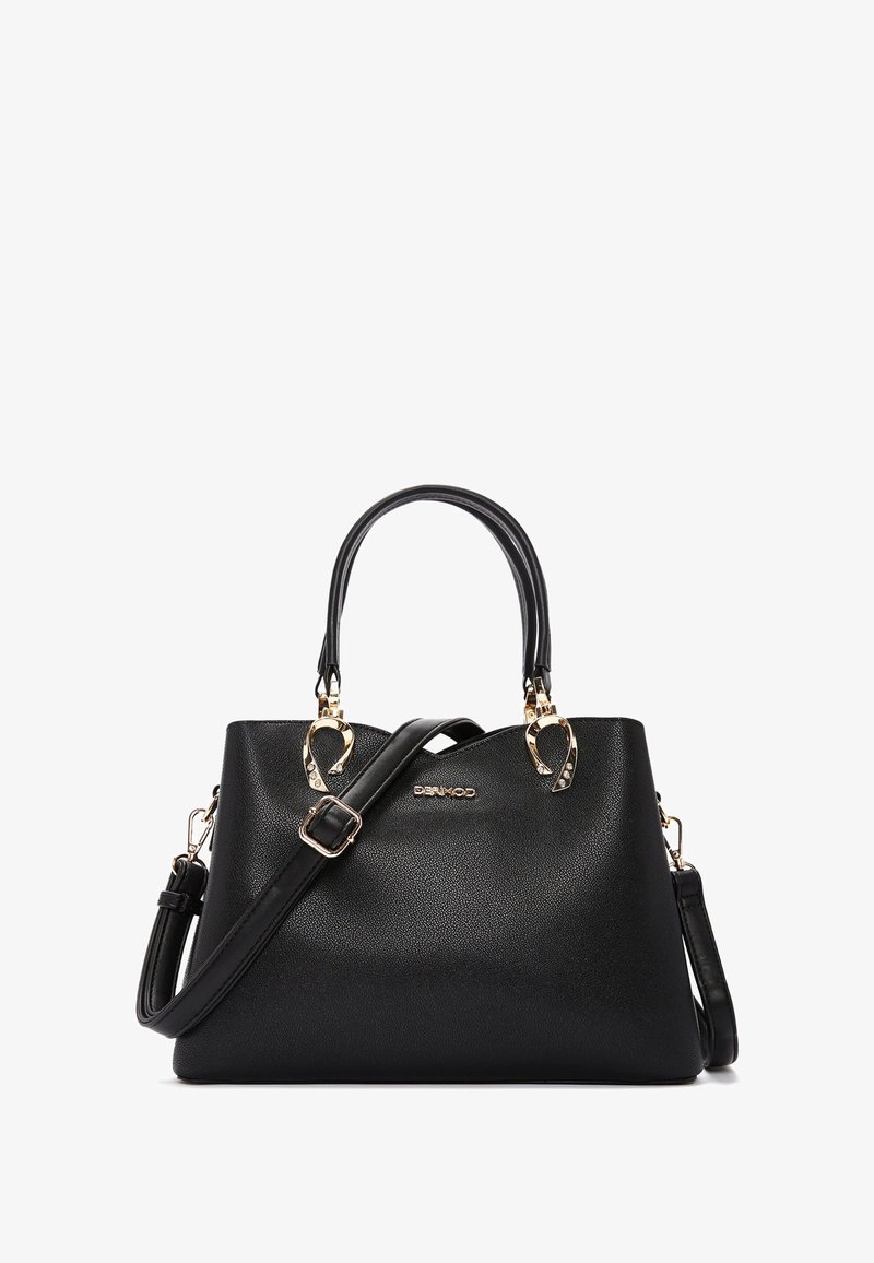 Czarna torebka teksturowana z podwójnymi uchwytami, odczepianym paskiem na ramię oraz złotymi akcentami. Charakteryzuje się wyraźnym kształtem i logotypem.
