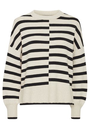 Dryžuotas megztinis kreminės ir juodos spalvos, su skirtingo pločio dryžiais, raukšlėmis ant rankovių ir apykaklės, laisvos fasonas ir apvalia kaklo iškirpėtė.