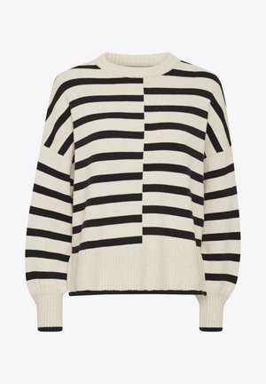 Dryžuotas megztinis kreminės ir juodos spalvos, su skirtingo pločio dryžiais, raukšlėmis ant rankovių ir apykaklės, laisvos fasonas ir apvalia kaklo iškirpėtė.