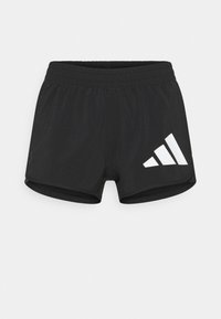 Pantalones cortos deportivos negros con cinturilla elástica. Presentan un diseño de logo con tres rayas blancas en el lado izquierdo. Textura suave y forma casual.