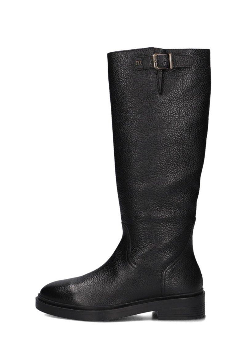 Black knee-high leather boot with low heel and adjustable strap buckle at the top, featuring textured grain finish and rounded toe.