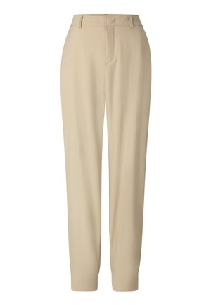 Béžové kalhoty se rovnými nohavicemi, poutky na pásek, předním zipem a střih na míru.