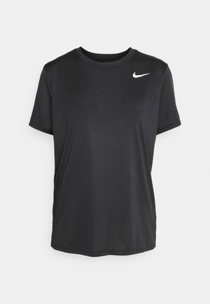 Melnas īsajām piedurknēm sporta T-krekls, kas izgatavots no gludas, vieglas auduma, ar nelielu baltu Nike logo augšējā kreisajā malā.