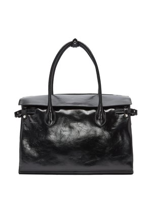 Borsa a mano in pelle nera con texture liscia e lucida, doppio manico e chiusura a patta con dettagli in hardware argentato. Design resistente e spazioso.