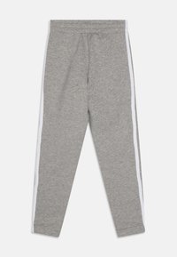 Gray leggings made of cotton blend, featuring white side stripes, elastic waistband, and a straight-leg cut. Smooth texture and casual design.