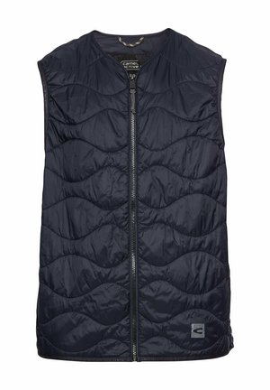 Navy quilted vest featuring a zip front closure, rounded neckline, and textured wave pattern. Made from a lightweight synthetic material.