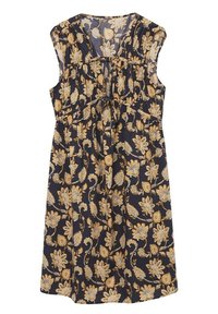 Robe marine avec des motifs floraux en or et crème ; design sans manches, corsage froncé, tissu doux, coupe à hauteur des genoux.