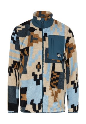 Fleece jack met een multicolore geometrische patroon in beige, blauw en zwart. Voorzien van een ritssluiting aan de voorkant en een borstzak in effen teal.