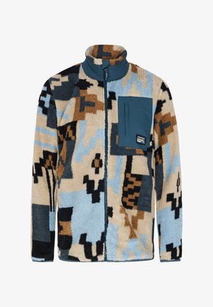 Fleece jack met een multicolore geometrische patroon in beige, blauw en zwart. Voorzien van een ritssluiting aan de voorkant en een borstzak in effen teal.
