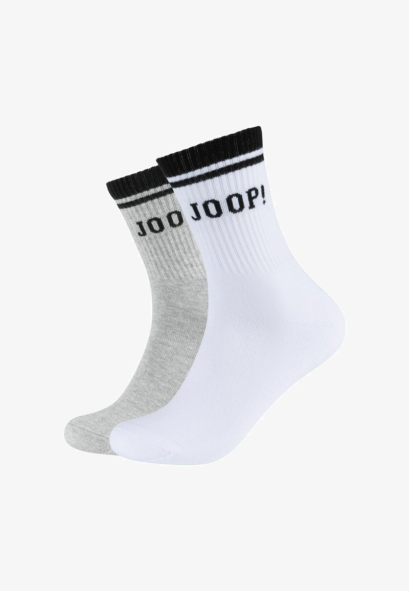 Bomuldsstrømper, en hvid med sorte striber og logo, en grå. Ribbenede manchetter, ankellængde, glat tekstur. Velegnet til afslappet brug.
