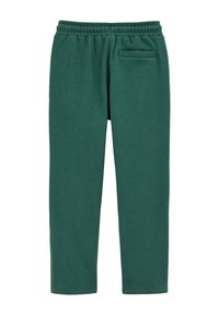 Donkergroene, lichte sweatpants gemaakt van zachte stof; heeft een elastische tailleband en een klein achterzakje. Rechte pijpen.