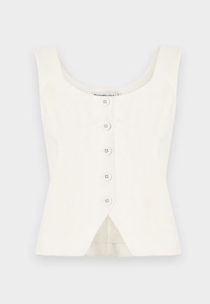 White sleeveless fitted blouse with square neckline and five front buttons, featuring a subtle triangular overlap at the hem.