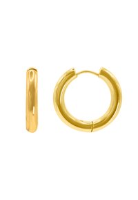 Boucles d'oreilles en or avec une finition polie. Un côté présente une courbe sans soudure, tandis que l'autre montre une petite charnière pour la fermeture.