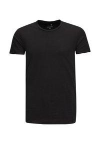 T-shirt noir à manches courtes en coton. Présente un col rond et un design sans coutures avec une texture douce.