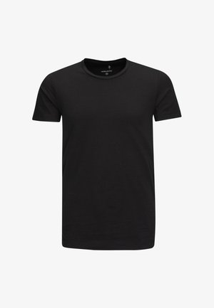 T-shirt nera a maniche corte realizzata in cotone. Presenta un collo rotondo e un design senza cuciture con una texture morbida.