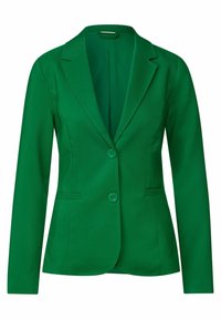 Zielony, dopasowany blezer z klapą z wycięciem, dwoma guzikami i bocznymi kieszeniami, wykonany z gładkiej tkaniny o usztywnionym kroju.
