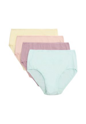 Cuatro pares de ropa interior de algodón para mujer de cintura alta en amarillo pastel, rosa, malva y azul claro, apilados y superpuestos.
