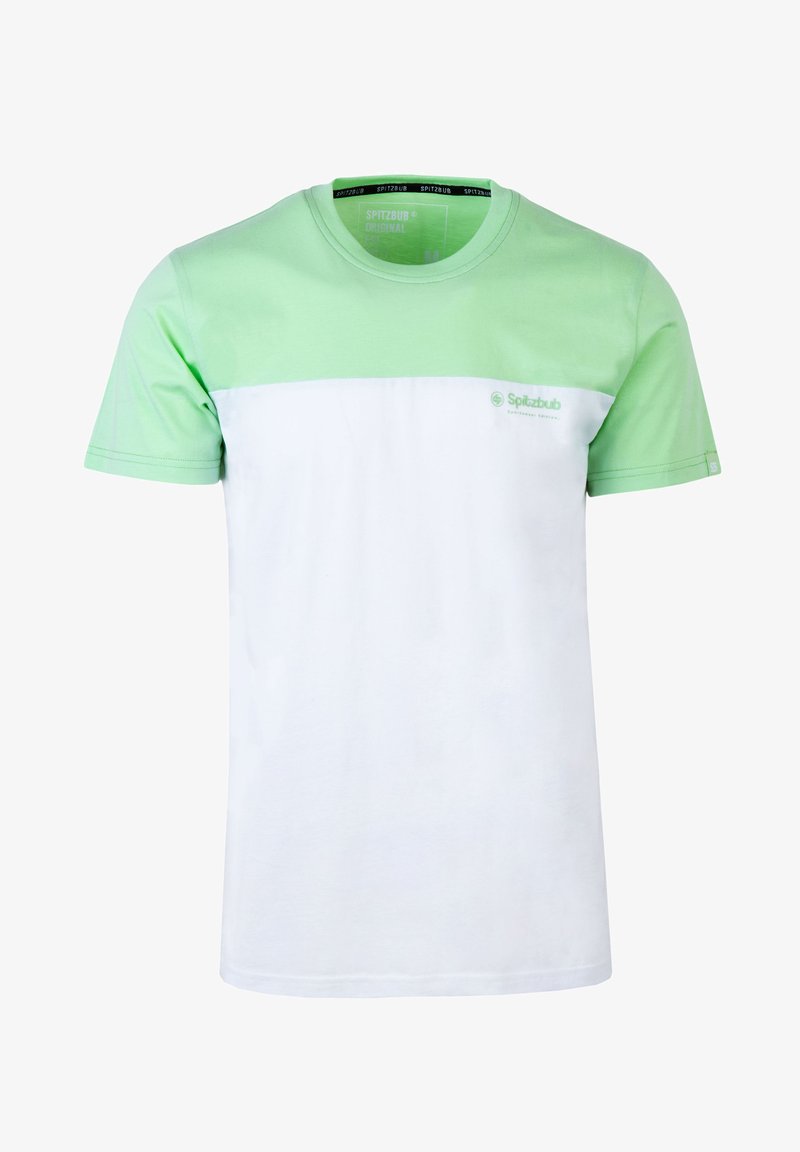 Grünes und weißes kurzärmliges T-Shirt aus Baumwolle, das ein Farbblockdesign mit einem Logo in der Nähe des Halsausschnitts aufweist. Glatte Textur.