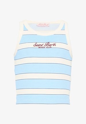 Top court sans manches en maille avec des rayures horizontales blanches et bleu clair, et "Saint Barth Beach Club" brodé en marron sur la poitrine.
