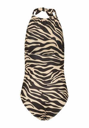 Czarny i beżowy kostium jednoczęściowy w wzór zebry z dekoltem halter, marszczoną talią i gładką, elastyczną fakturą.