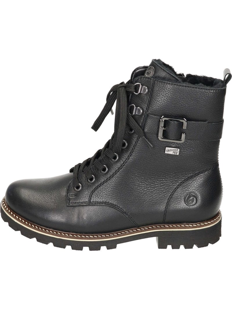 Schwarze Lederschnürstiefelette mit Schnürung an der Vorderseite, metallischem Schnallendetail, dicker Sohle und beigem Stich. Verfügt über eine strukturierte Oberfläche und ein robustes Design.