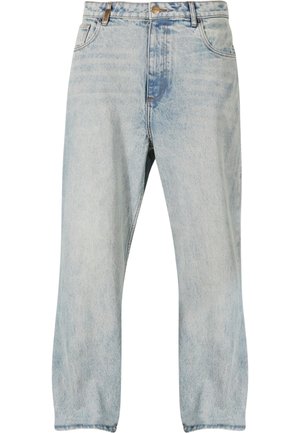 Light blue denim jeans with a relaxed fit, featuring a high waist, contrast stitching, and five-pocket design. Smooth texture with faded accents.