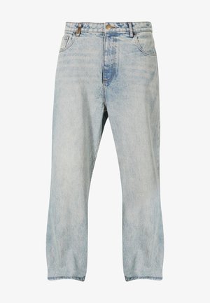 Lys blå denimjeans med avslappet passform, høy midje, kontrastsømmer og femlomme-design. Glatt tekstur med falmede aksenter.