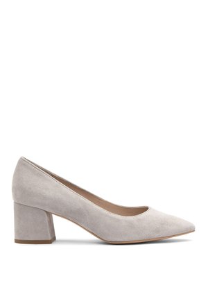Pantofii cu toc bloc gri din suede, cu vârful ascuțit, textură netedă și deschidere joasă pentru a fi ușor de purtat. Tocul solid oferă stabilitate.