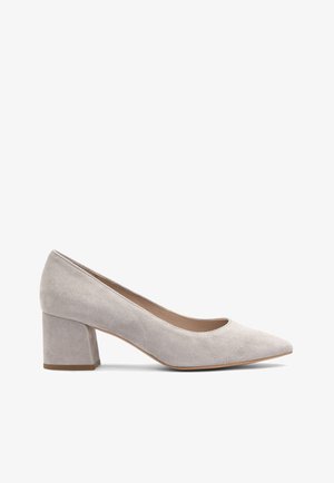 Gray suede block-heel pump with a pointed toe, smooth texture, and a low-cut opening for easy wear. Sturdy heel provides stability.