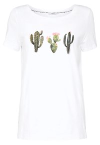 White cotton t-shirt featuring a front print of three cacti in green and pink tones. Short sleeves, round neckline, casual fit.
