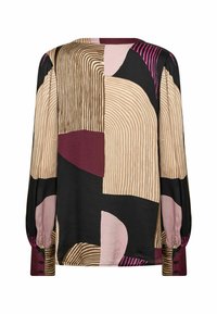 Blus med långa ärmar i silke-blandning som har ett abstrakt mönster av ränder och former i vinröd, svart, rosa och beige. Knäppta manschetter.