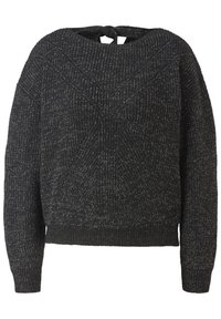 Czarny sweter dzianinowy z teksturowanym wzorem, szerokim dekoltem i wiązaniem z tyłu. Posiada długie rękawy i skrócony fason.