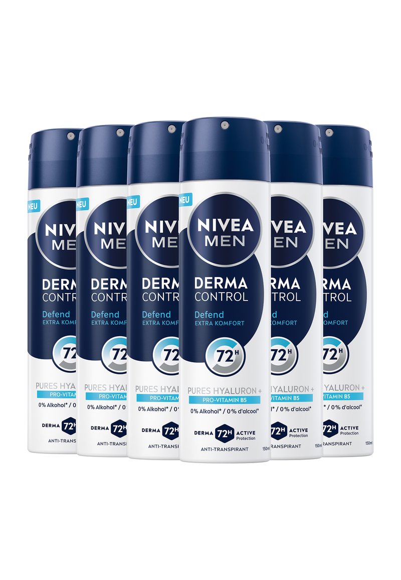 Six NIVEA MEN DERMA CONTROL spray bottles with a white and navy design, featuring a rounded top, clear labels, and a twist spray nozzle.