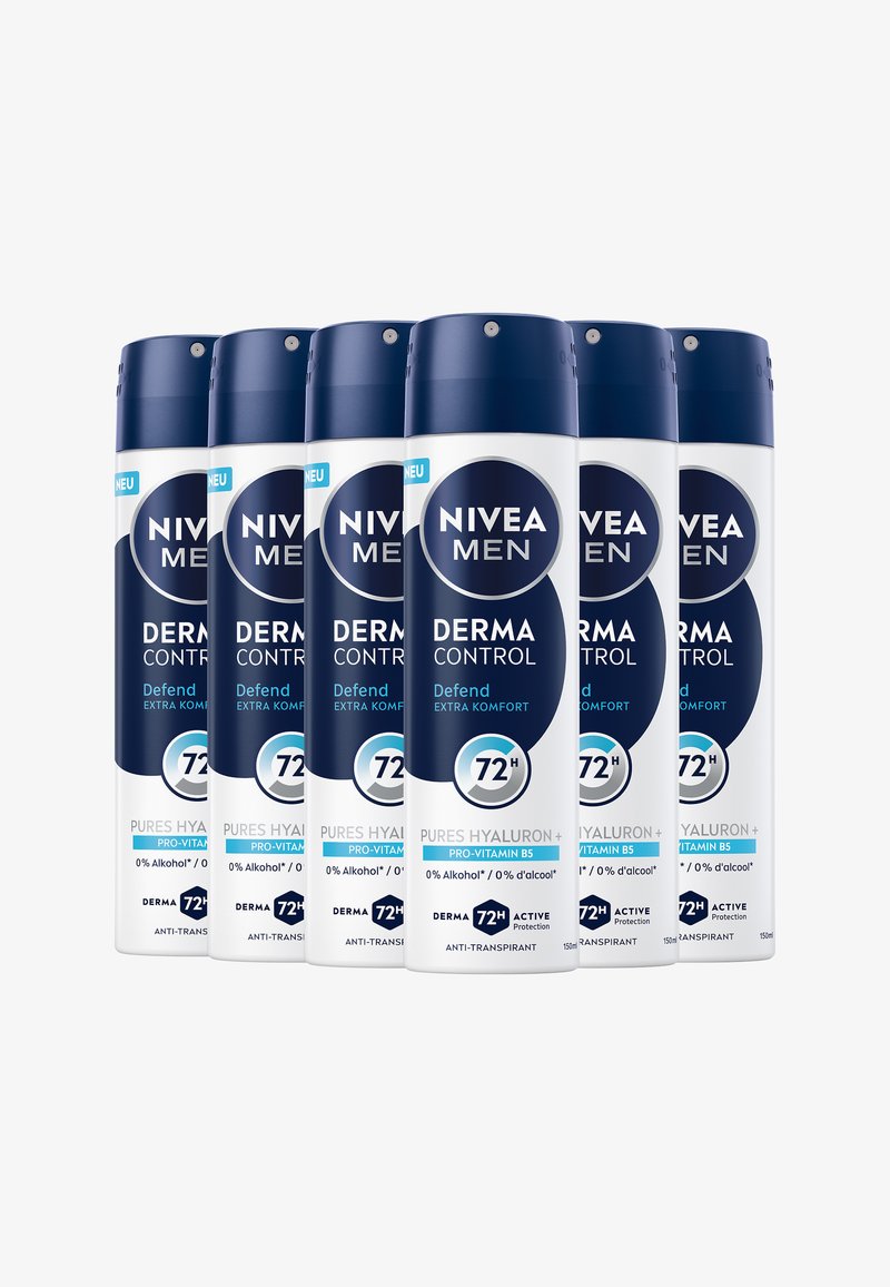 Six NIVEA MEN DERMA CONTROL spray bottles with a white and navy design, featuring a rounded top, clear labels, and a twist spray nozzle.