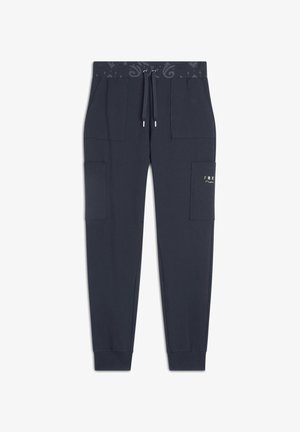 Pantaloni da tuta blu navy realizzati in misto cotone, caratterizzati da una vita elastica con cordino, tasche laterali cargo e polsini alle caviglie.
