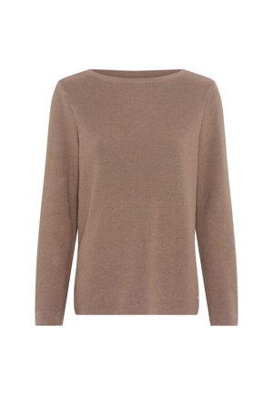Brauner Pullover mit langen Ärmeln, geripptem Muster und Rundhalsausschnitt. Einfaches Design mit lockerem Schnitt und kleinem Logoakzent am Saum.