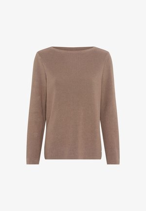 Brown long-sleeve sweater with a ribbed texture and a scoop neckline. Simple design with a relaxed fit and a small logo accent at the hem.