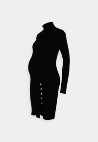 Svart ribbad gravidklänning med hög krage, långa ärmar, sidoknappdetalj och slits i fållen. Mjuk textur och åtsittande silhuett.