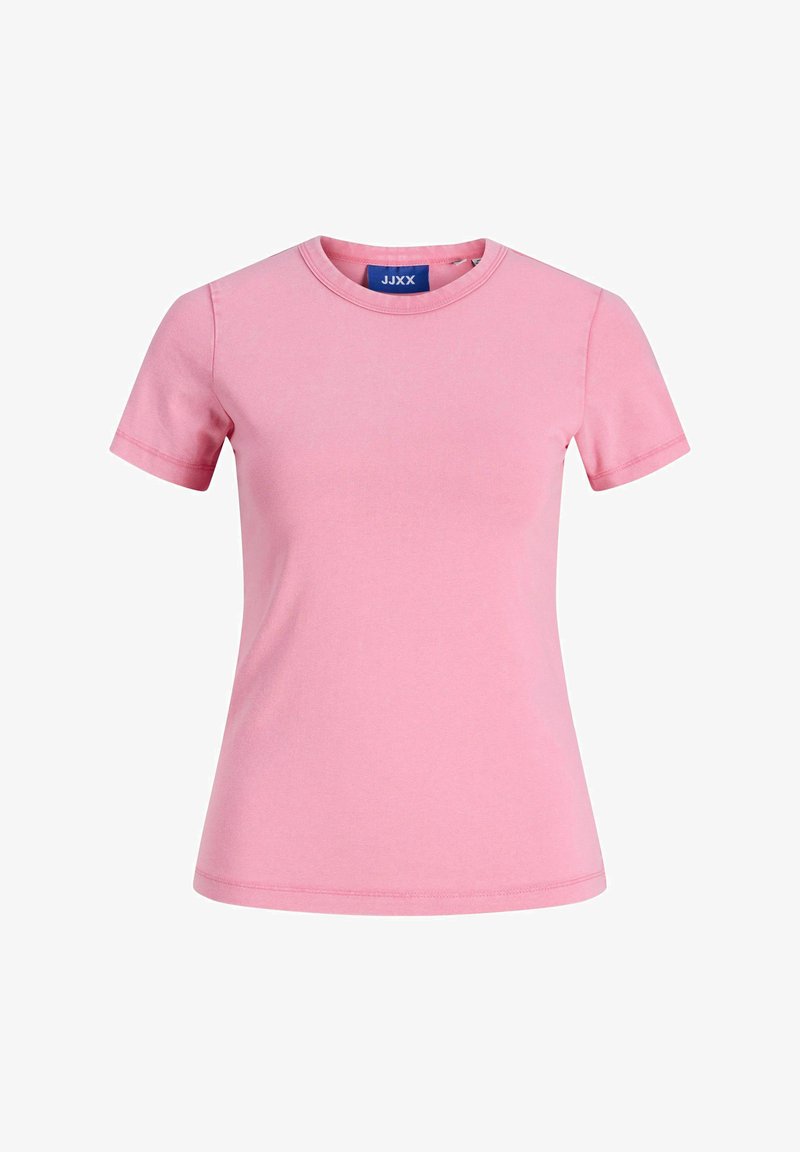 Rózsaszín pamut póló rövid ujjal, kerek nyakkivágással és laza szabással. Egyszínű dizájnnal és minimális varrási részletekkel rendelkezik.